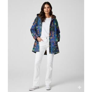 Colorful Y2k  Boho Patchwork print Hooded  Shacket  Shirt Faux Fur As on TV XXL